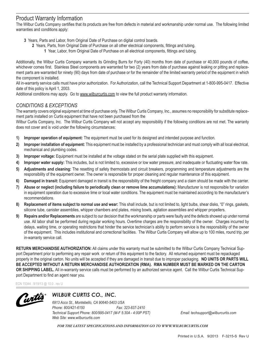 Product warranty information | Wilbur Curtis ALPHA 1GT User Manual | Page 8 / 8