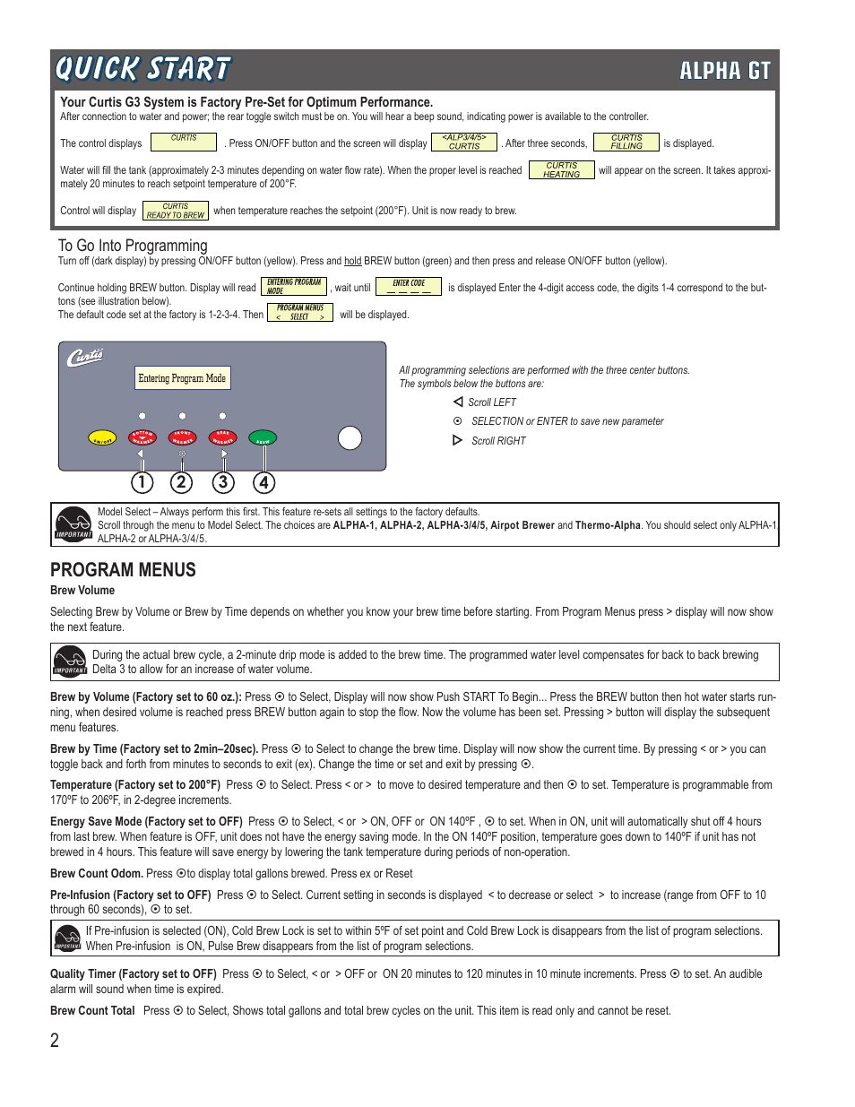 Program menus | Wilbur Curtis ALPHA 6GTN User Manual | Page 2 / 8
