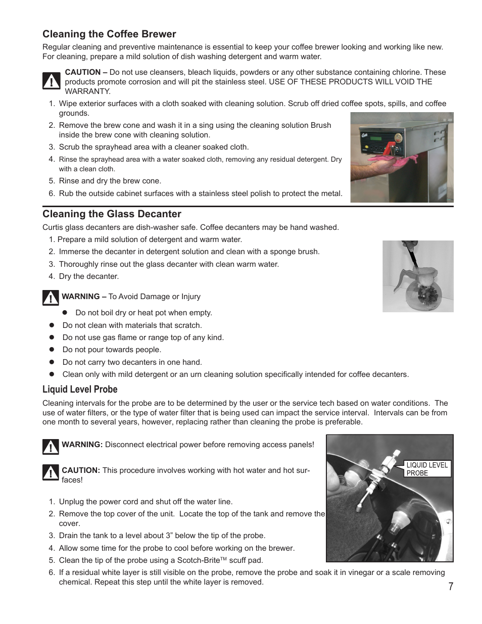 Cleaning the coffee brewer, Cleaning the glass decanter, Liquid level probe | Wilbur Curtis ALPHA 6GTN User Manual | Page 7 / 8