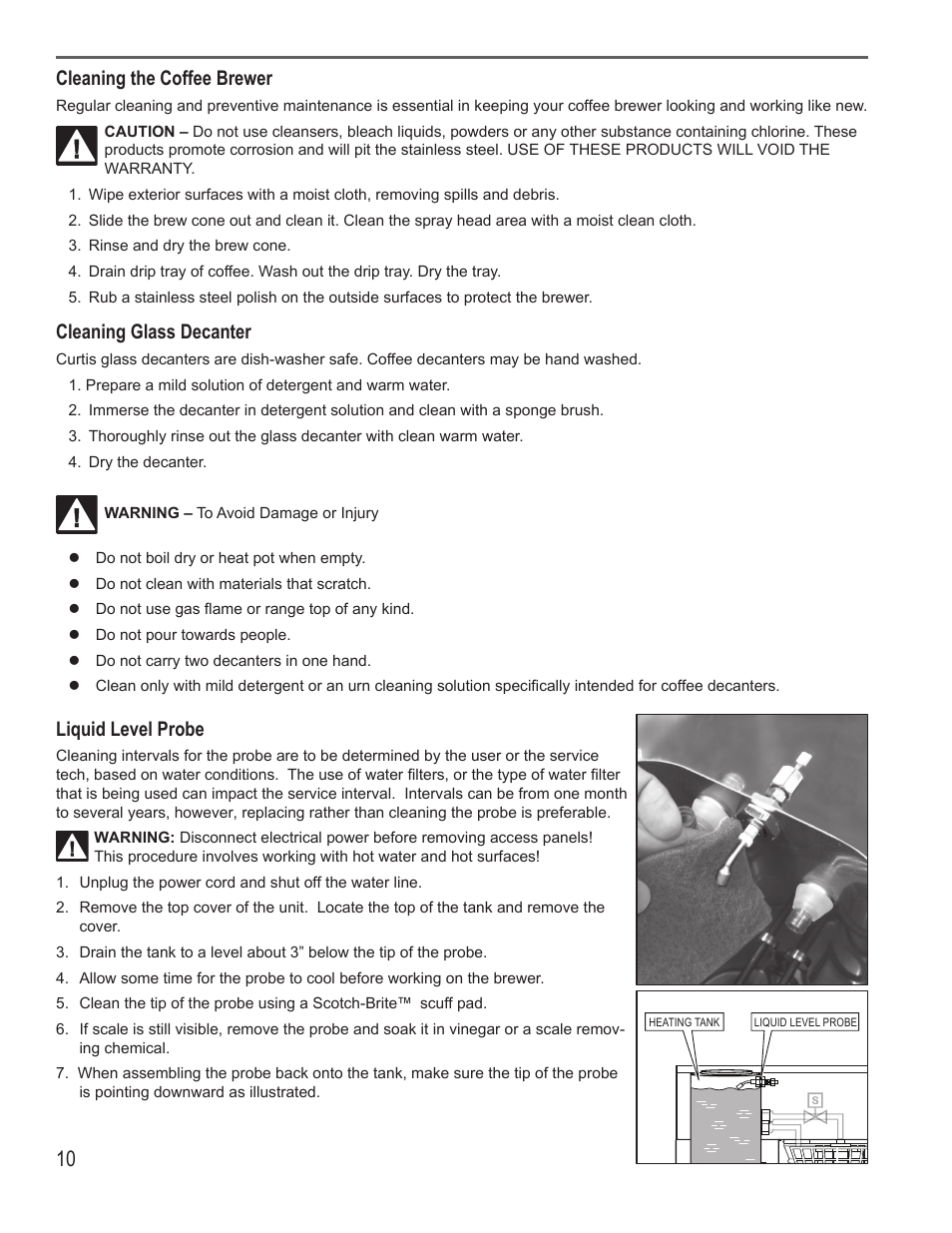 Liquid level probe, Cleaning the coffee brewer, Cleaning glass decanter | Wilbur Curtis ALPHA 6GTN Fresh-Trac User Manual | Page 10 / 12