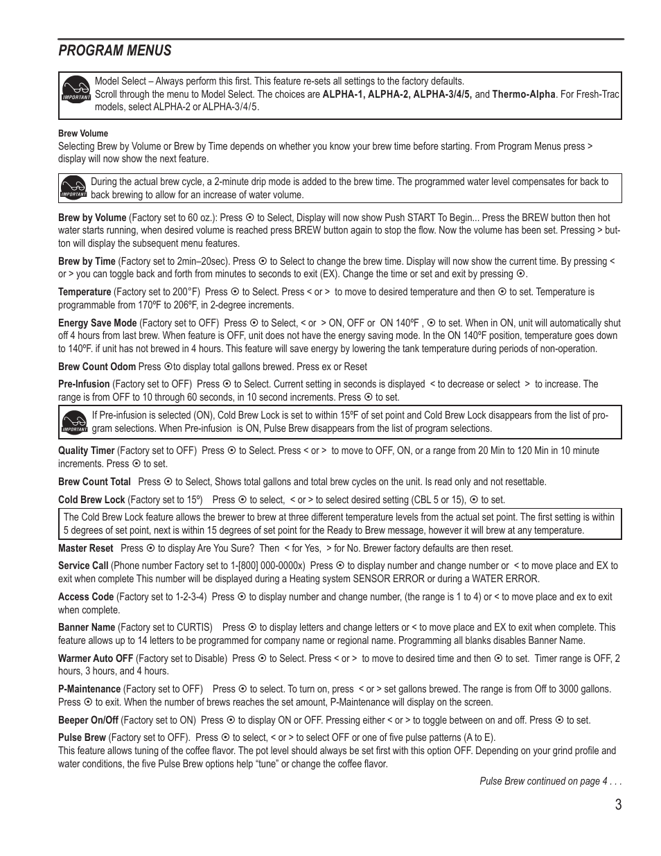 Program menus | Wilbur Curtis ALPHA 6GTN Fresh-Trac User Manual | Page 3 / 12