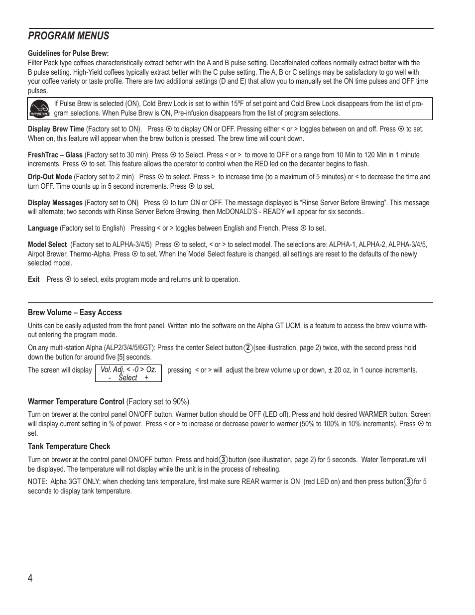 4program menus | Wilbur Curtis ALPHA 6GTN Fresh-Trac User Manual | Page 4 / 12