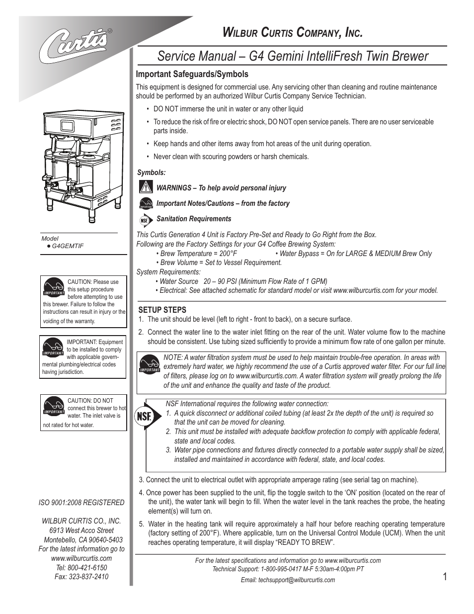 Wilbur Curtis G4GEMTIF User Manual | 12 pages