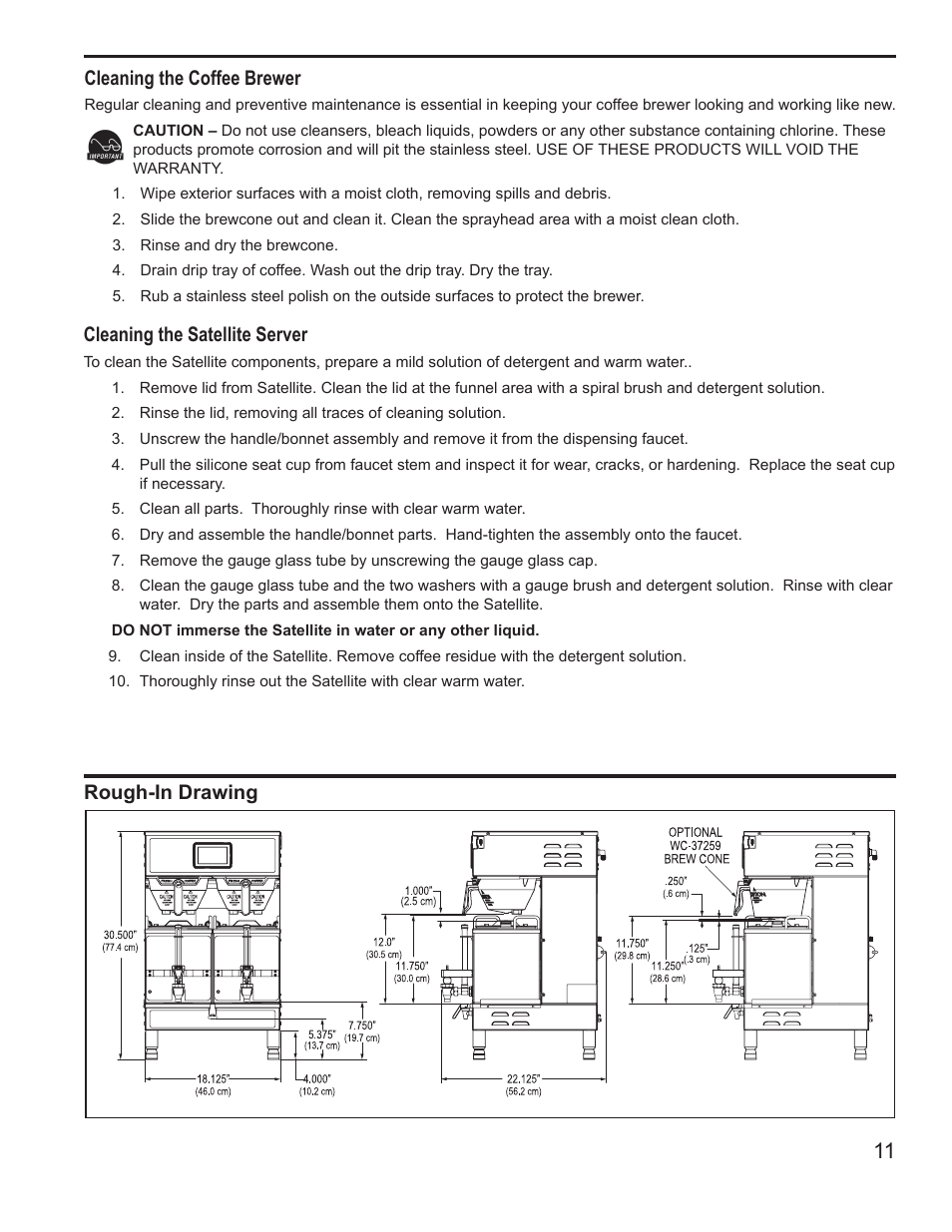 Rough-in drawing cleaning the satellite server, Cleaning the coffee brewer | Wilbur Curtis G4GEMTIF User Manual | Page 11 / 12