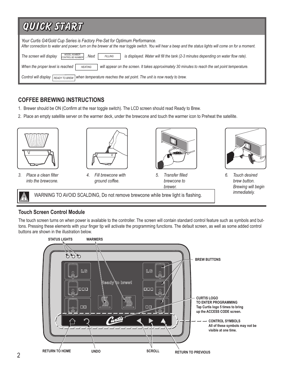 Coffee brewing instructions, Touch screen control module | Wilbur Curtis G4GEMTIF User Manual | Page 2 / 12