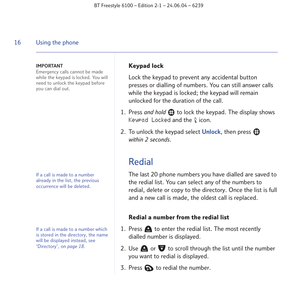 Redial | BT Freestyle 6100 User Manual | Page 16 / 52