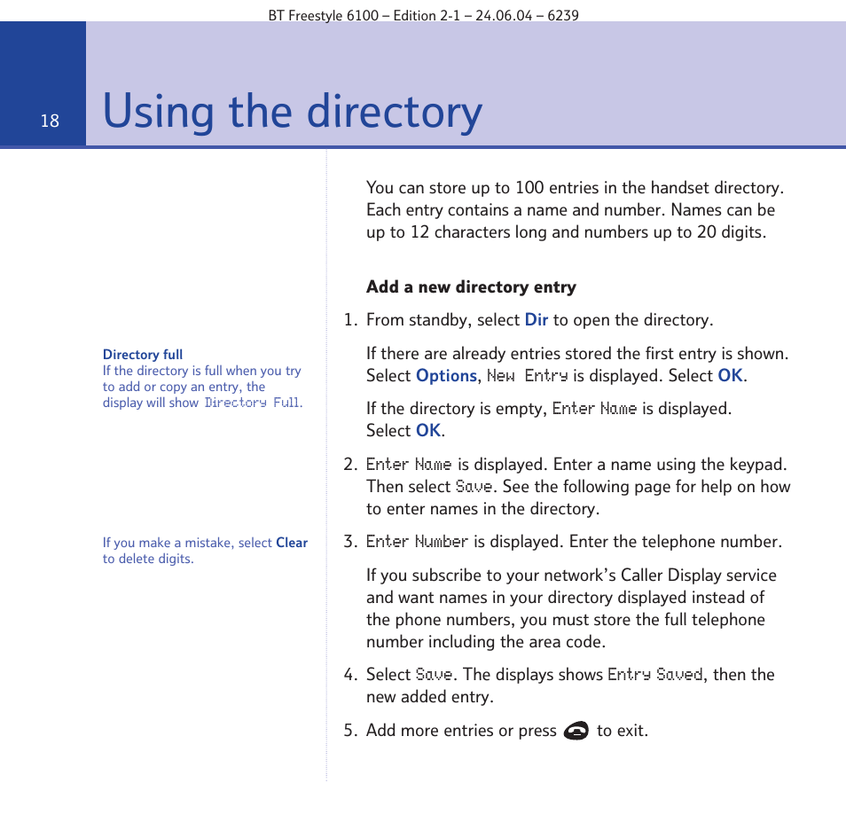 Using the directory | BT Freestyle 6100 User Manual | Page 18 / 52