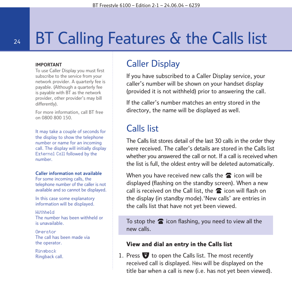 Bt calling features & the calls list, Caller display, Calls list | BT Freestyle 6100 User Manual | Page 24 / 52