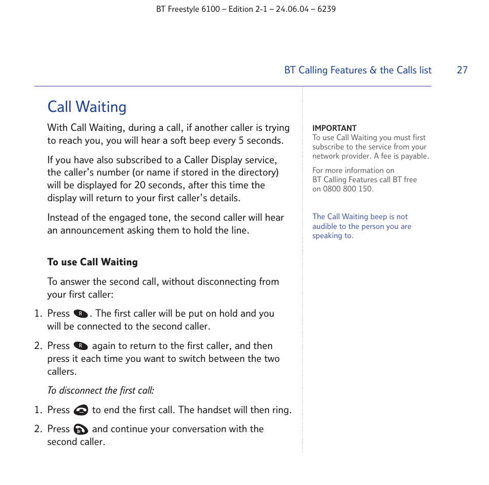 Call waiting | BT Freestyle 6100 User Manual | Page 27 / 52
