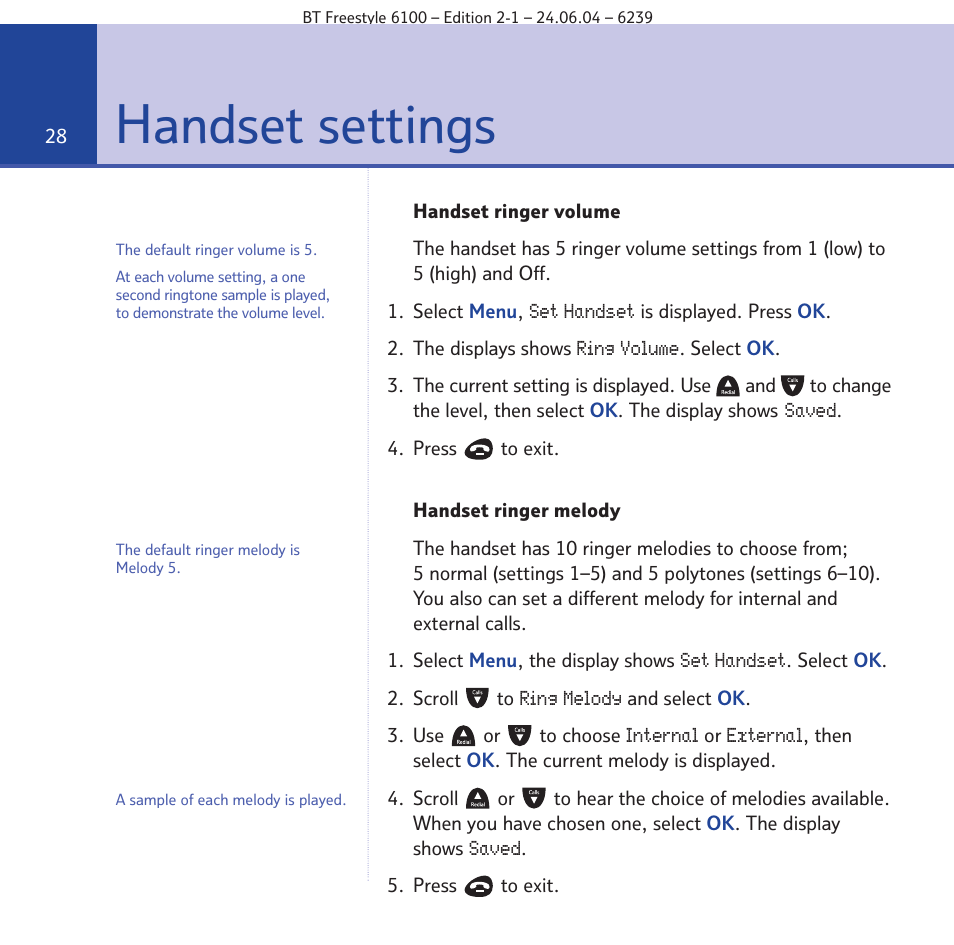 Handset settings | BT Freestyle 6100 User Manual | Page 28 / 52