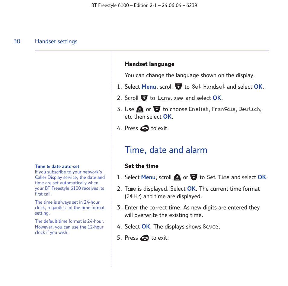 Time, date and alarm | BT Freestyle 6100 User Manual | Page 30 / 52