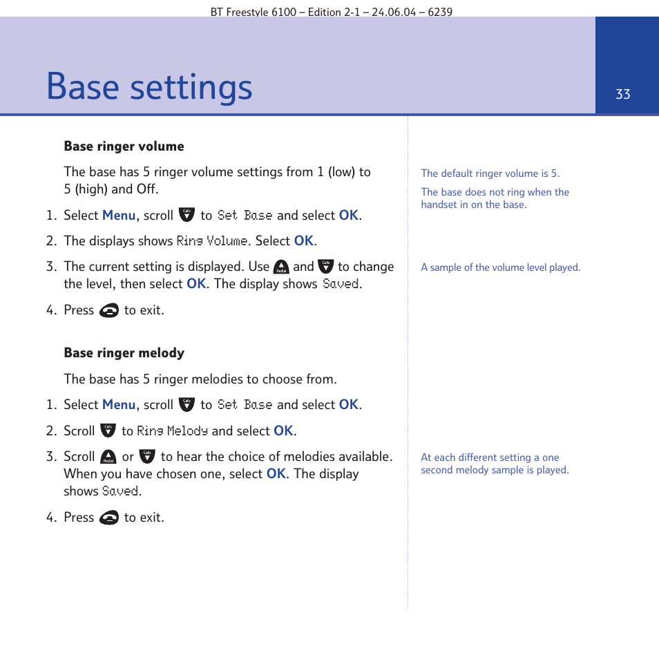 Base settings | BT Freestyle 6100 User Manual | Page 33 / 52