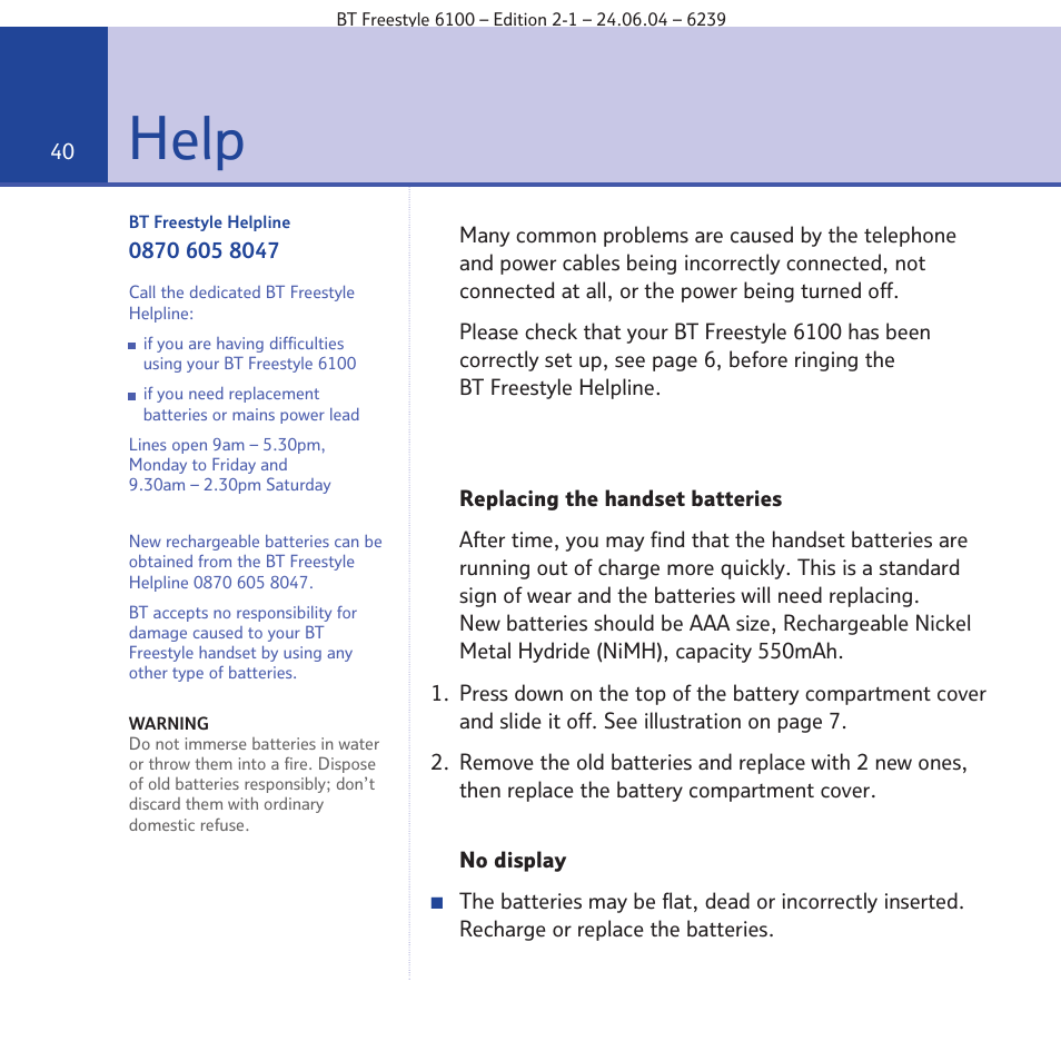 Help | BT Freestyle 6100 User Manual | Page 40 / 52