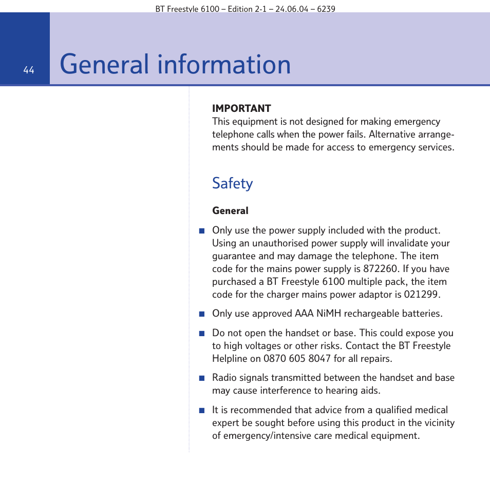 General information, Safety | BT Freestyle 6100 User Manual | Page 44 / 52