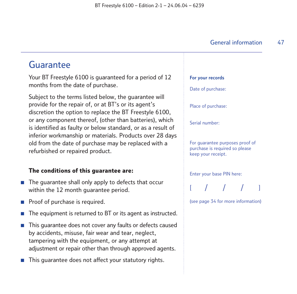 Guarantee | BT Freestyle 6100 User Manual | Page 47 / 52