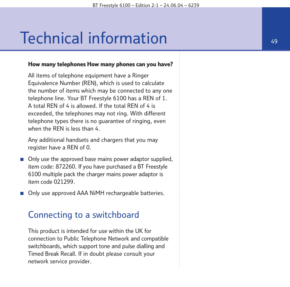Technical information, Connecting to a switchboard | BT Freestyle 6100 User Manual | Page 49 / 52