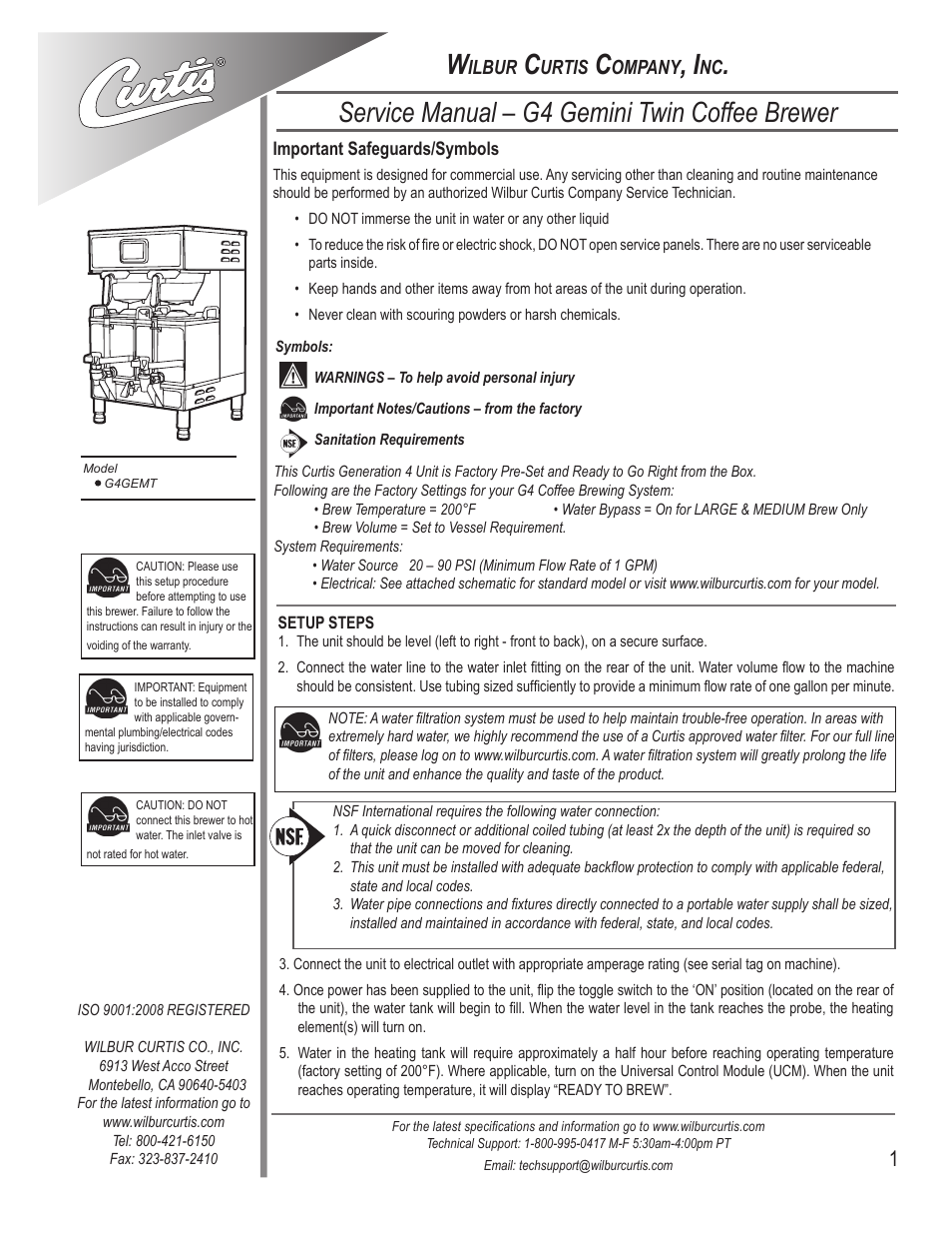 Wilbur Curtis G4GEMT User Manual | 12 pages