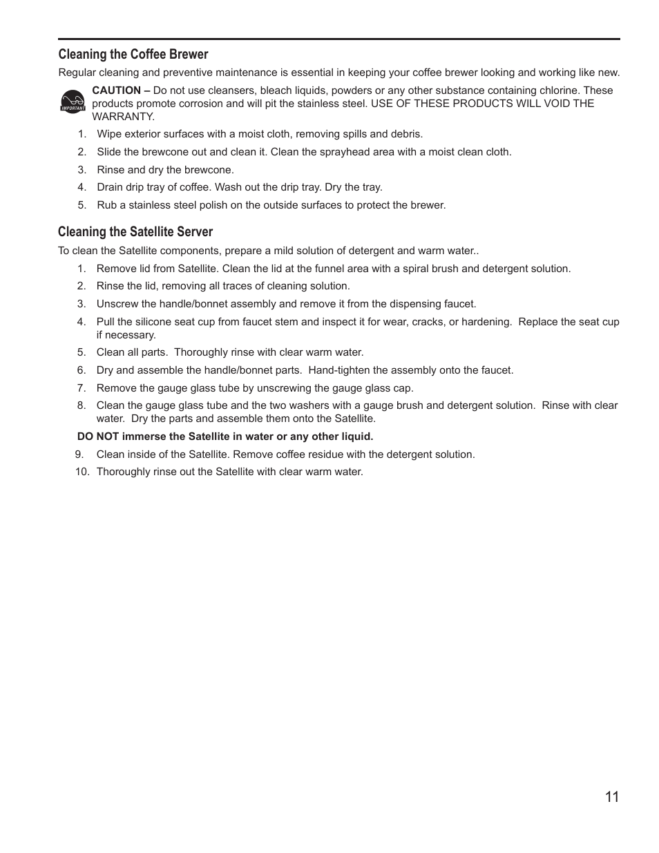 Cleaning the satellite server, Cleaning the coffee brewer | Wilbur Curtis G4GEMT User Manual | Page 11 / 12