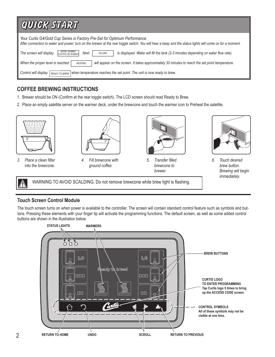Coffee brewing instructions, Touch screen control module | Wilbur Curtis G4GEMT User Manual | Page 2 / 12