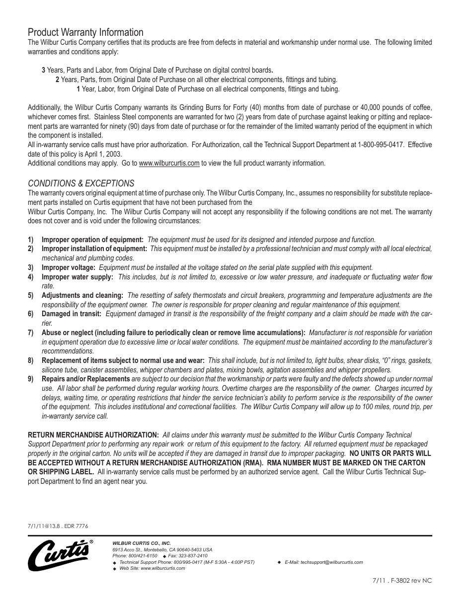 Product warranty information, Conditions & exceptions | Wilbur Curtis G4TP2T User Manual | Page 12 / 12