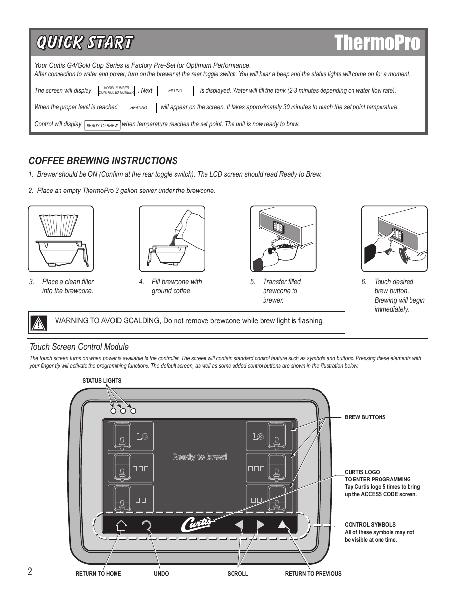Coffee brewing instructions, Touch screen control module | Wilbur Curtis G4TP2T User Manual | Page 2 / 12