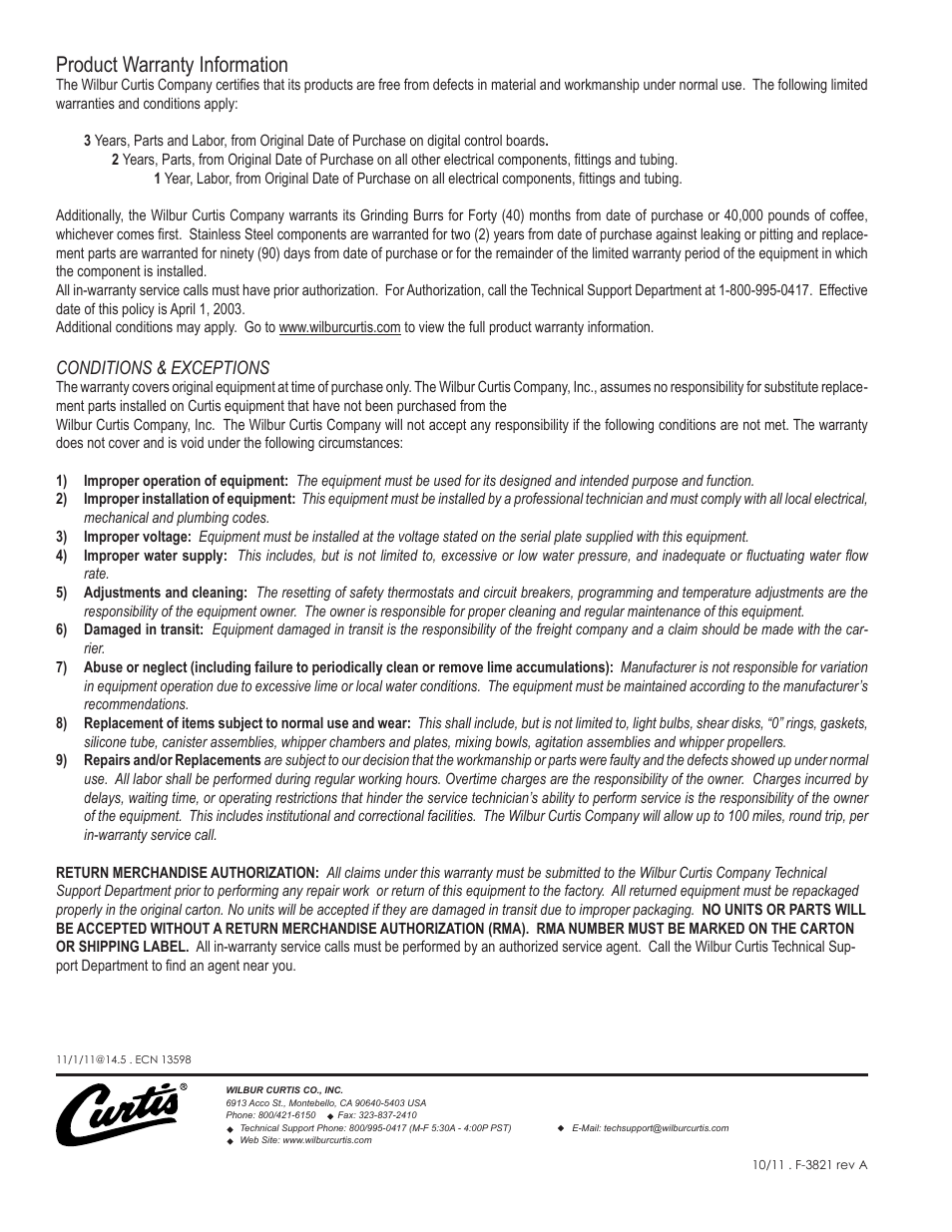 Product warranty information, Conditions & exceptions | Wilbur Curtis CGC User Manual | Page 12 / 12