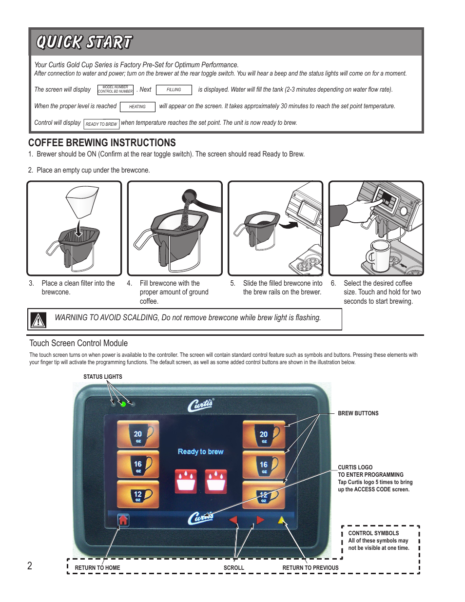 Coffee brewing instructions, Touch screen control module | Wilbur Curtis CGC User Manual | Page 2 / 12