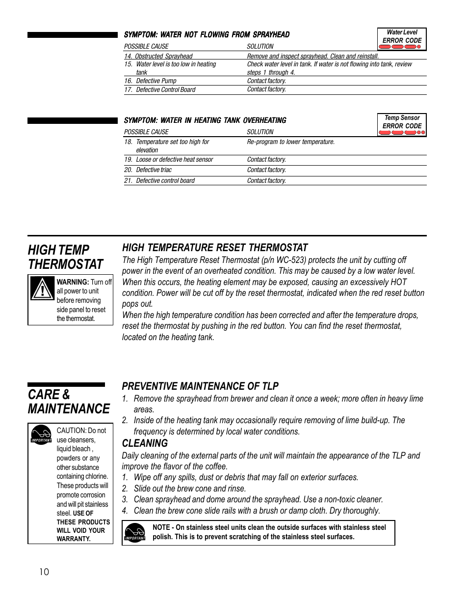 High temp thermostat care & maintenance, Preventive maintenance of tlp, Cleaning | High temperature reset thermostat | Wilbur Curtis TLP61 User Manual | Page 10 / 20