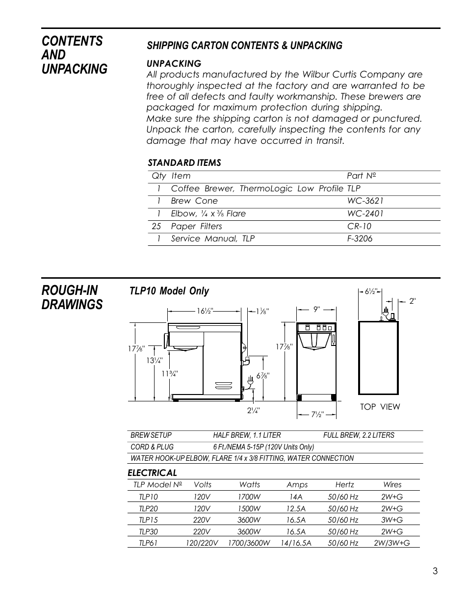 Rough-in drawings, Contents and unpacking, Shipping carton contents & unpacking | Tlp10 model only | Wilbur Curtis TLP61 User Manual | Page 3 / 20