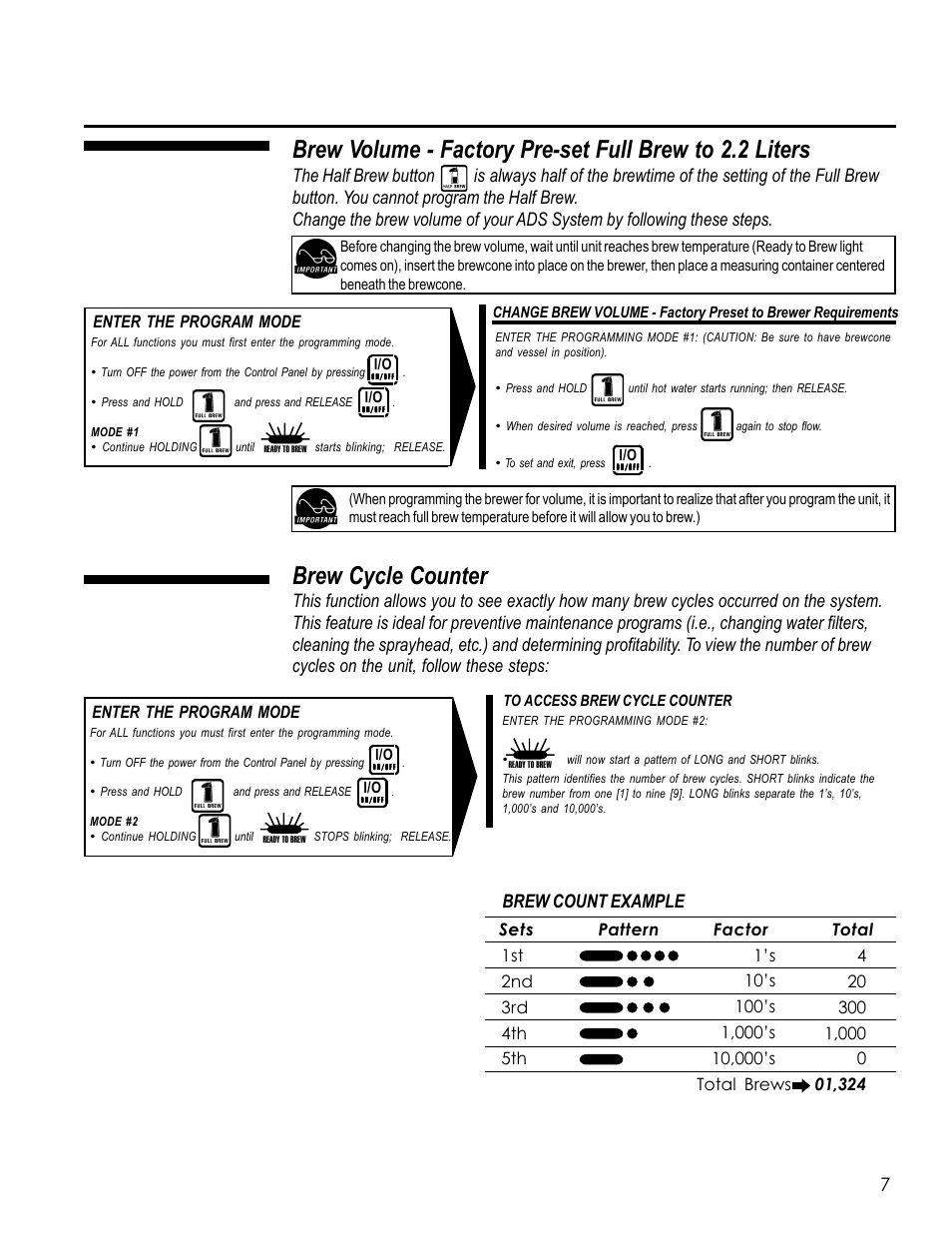 Brew cycle counter, Brew count example, Enter the program mode | Wilbur Curtis TLP61 User Manual | Page 7 / 20