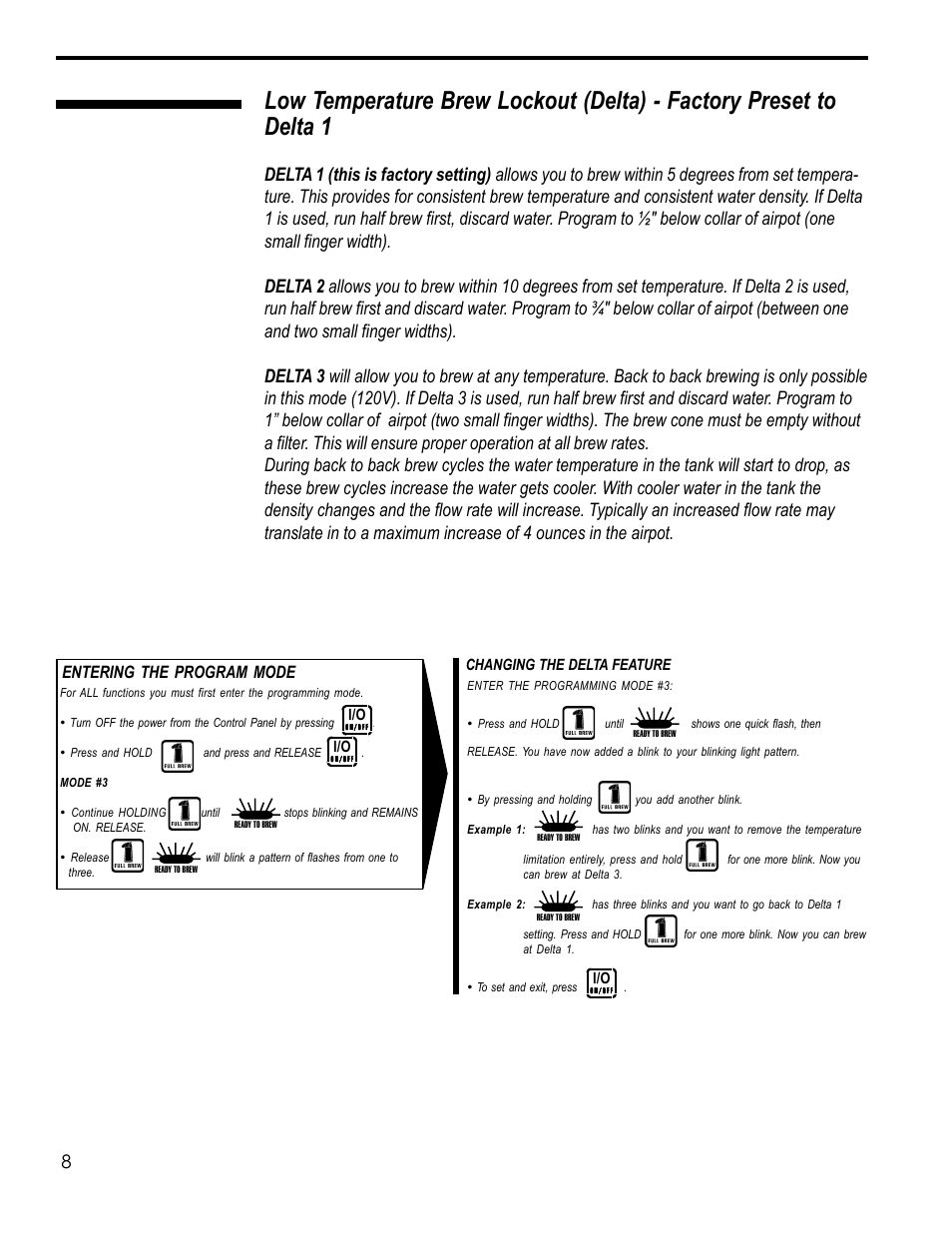 Entering the program mode, Changing the delta feature | Wilbur Curtis TLP61 User Manual | Page 8 / 20