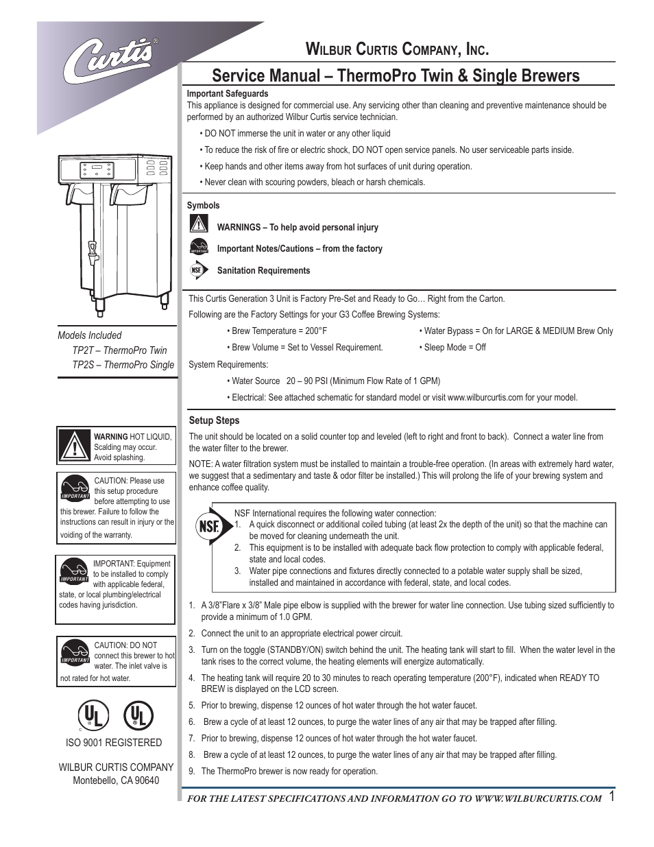 Wilbur Curtis TP2S – ThermoPro Single User Manual | 12 pages