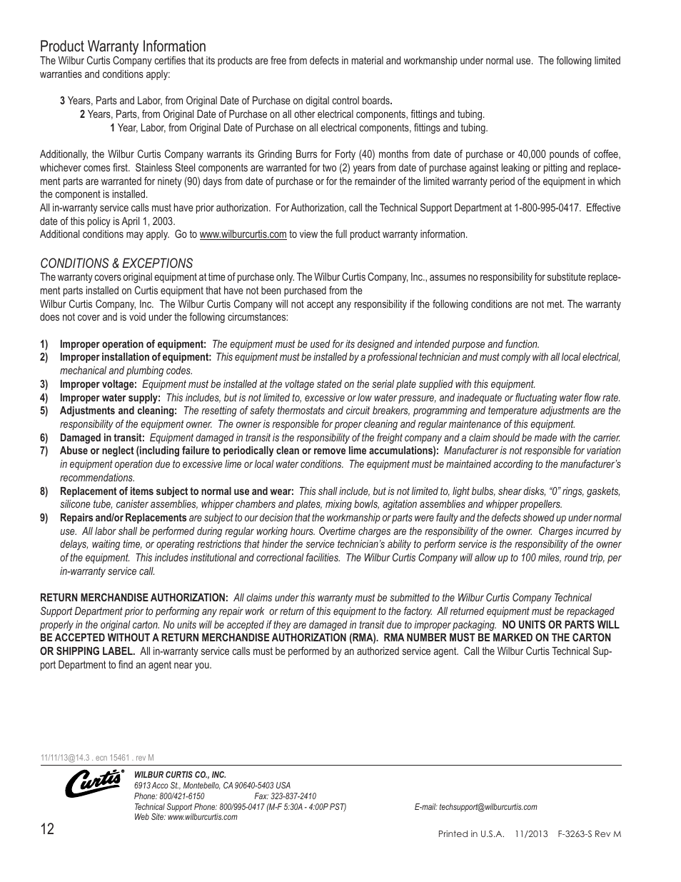12 product warranty information | Wilbur Curtis TP2S – ThermoPro Single User Manual | Page 12 / 12