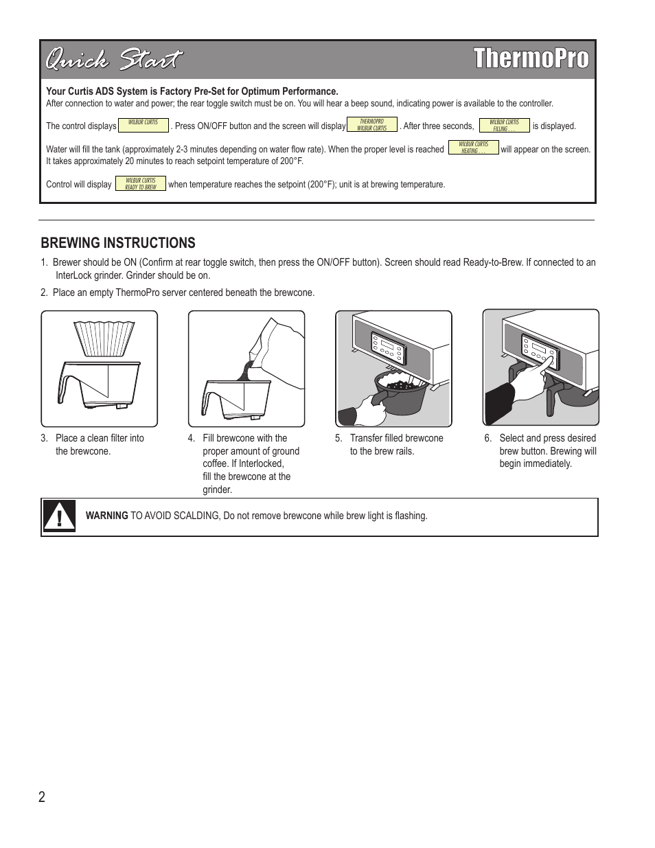 2brewing instructions | Wilbur Curtis TP2S – ThermoPro Single User Manual | Page 2 / 12