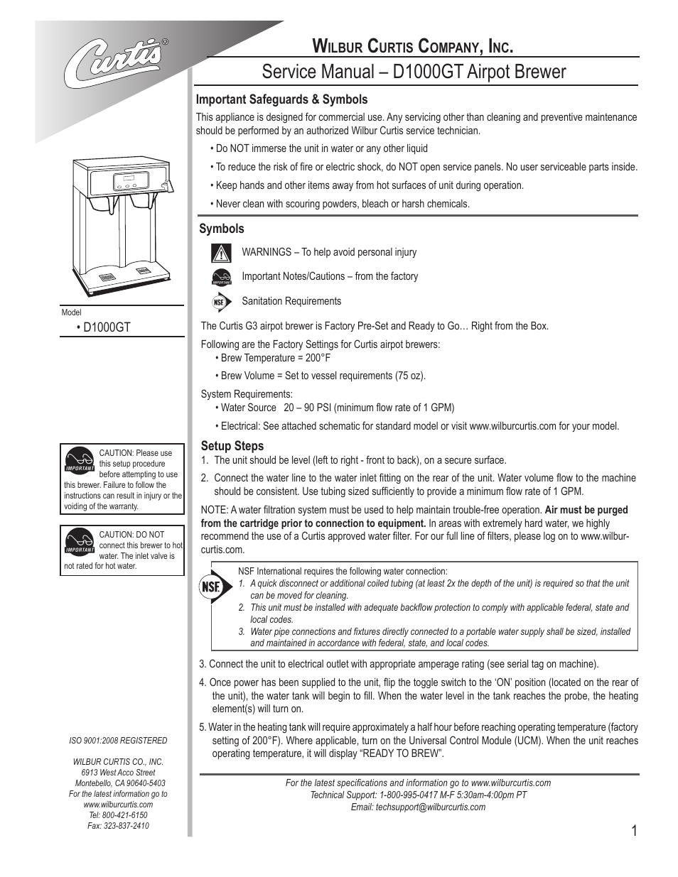 Wilbur Curtis D1000GT User Manual | 8 pages
