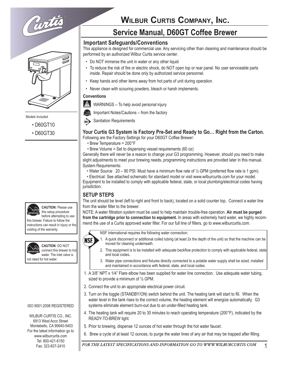 Wilbur Curtis D60GT30 User Manual | 10 pages