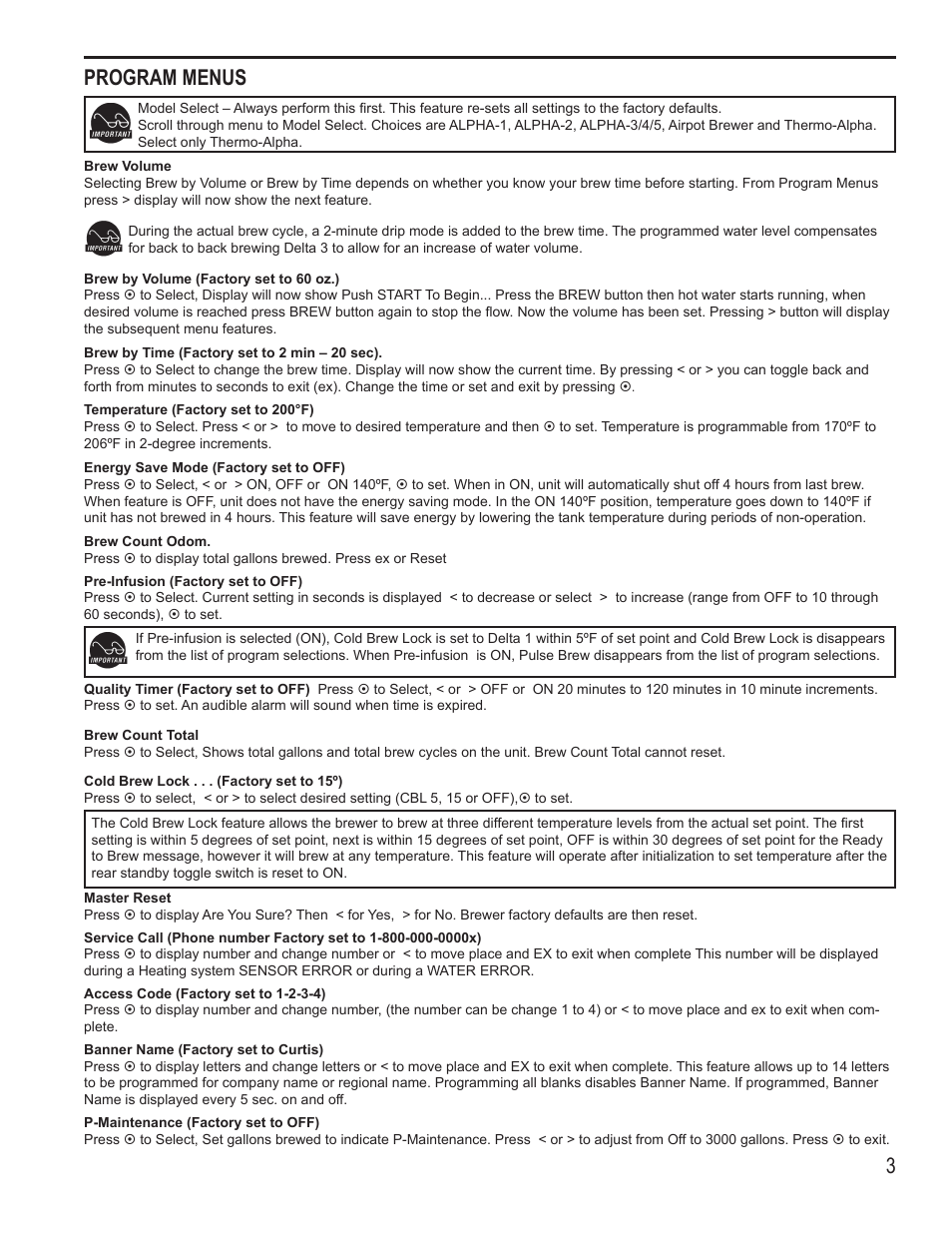 Program menus | Wilbur Curtis D60GT30 User Manual | Page 3 / 10