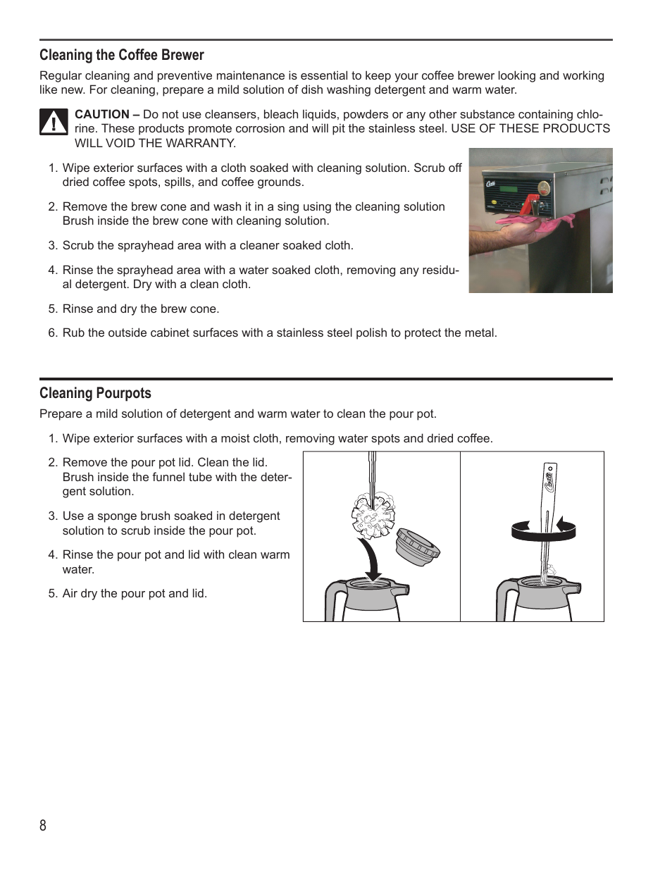 8cleaning the coffee brewer, Cleaning pourpots | Wilbur Curtis D60GT30 User Manual | Page 8 / 10