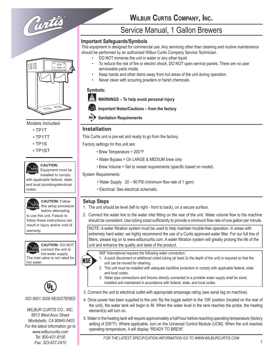Wilbur Curtis TP1T User Manual | 12 pages