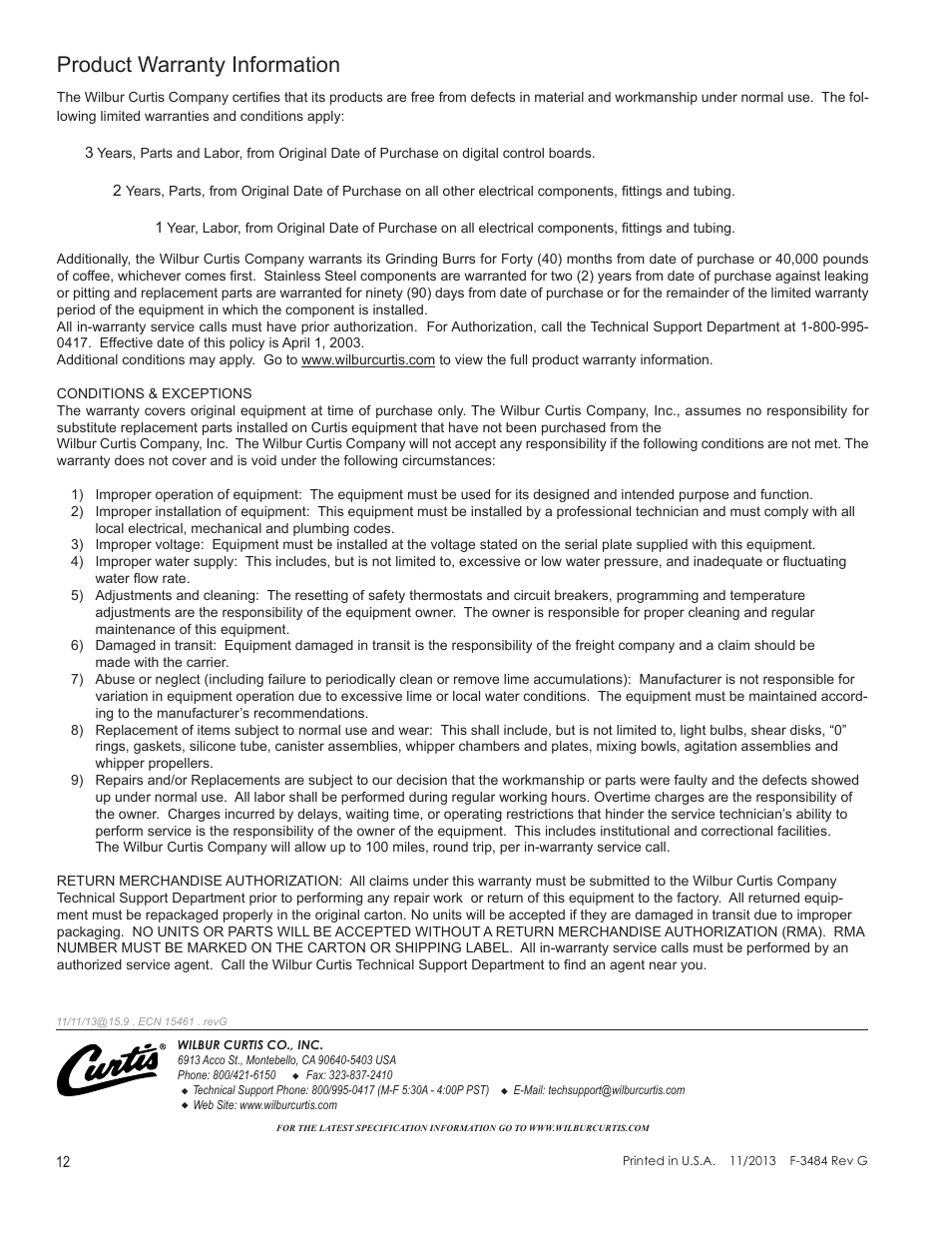 Product warranty information | Wilbur Curtis TP1T User Manual | Page 12 / 12