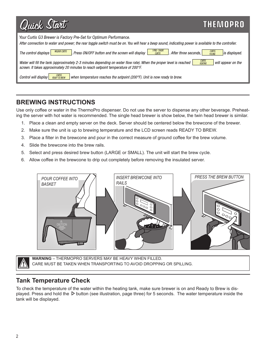 Brewing instructions, Tank temperature check | Wilbur Curtis TP1T User Manual | Page 2 / 12