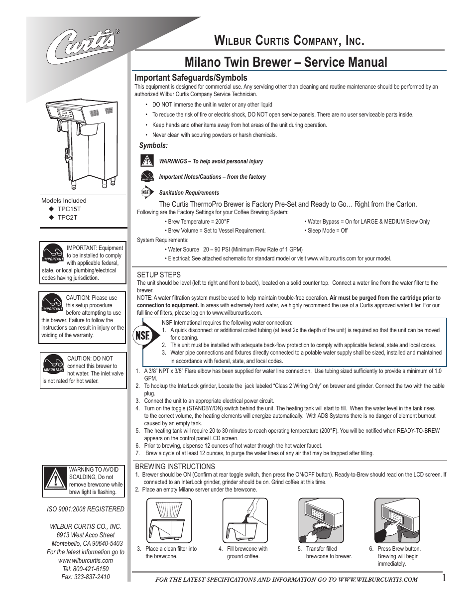 Wilbur Curtis TPC2T User Manual | 8 pages