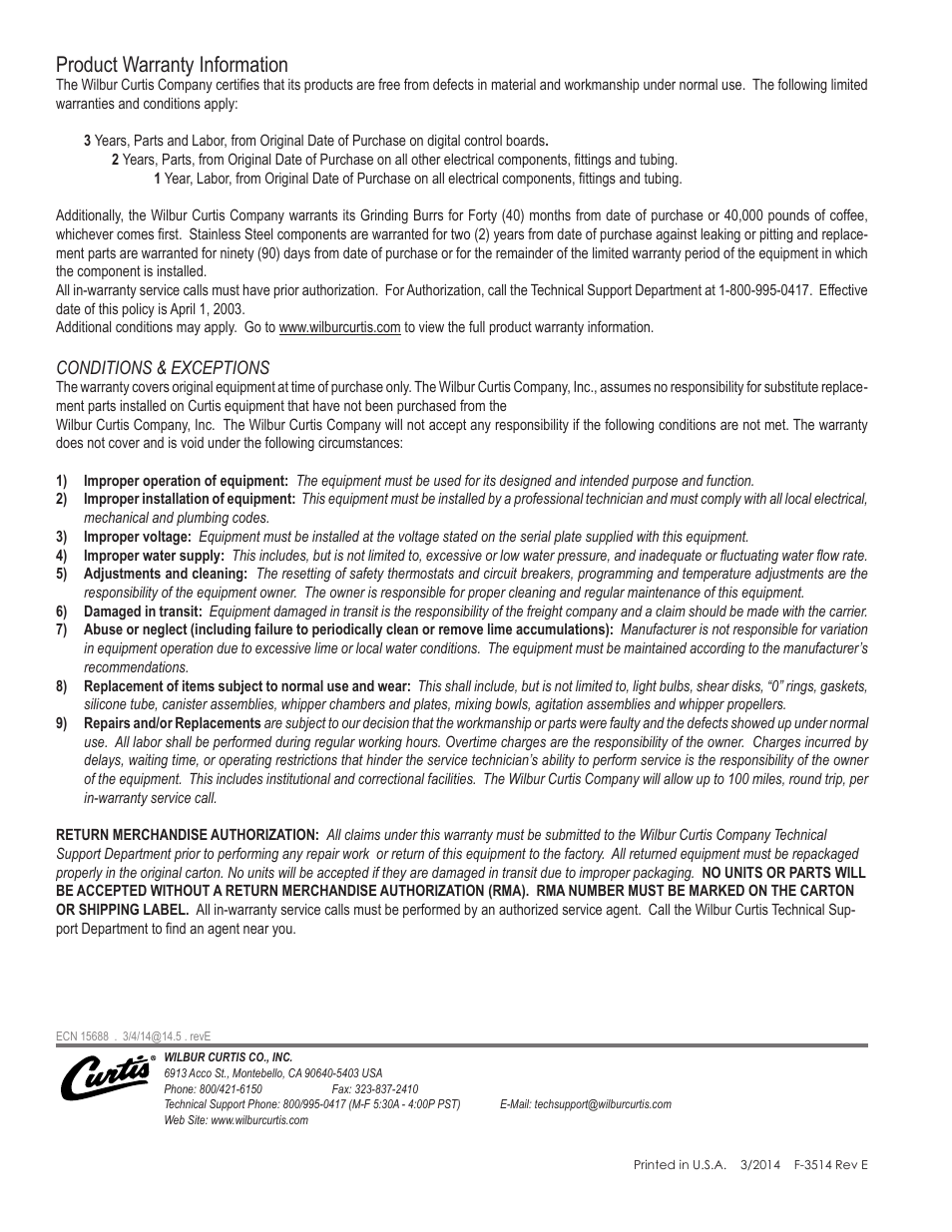 Product warranty information, Conditions & exceptions | Wilbur Curtis TPC2T User Manual | Page 8 / 8