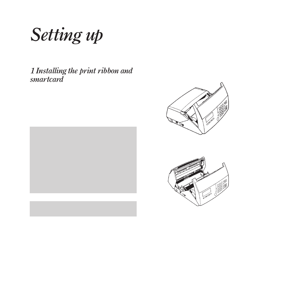 Setting up, 1 installing the print ribbon and smartcard | BT DECTfax Fax machine and digital telephone system User Manual | Page 10 / 48