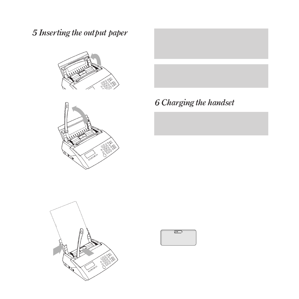 5 inserting the output paper, 6 charging the handset | BT DECTfax Fax machine and digital telephone system User Manual | Page 13 / 48