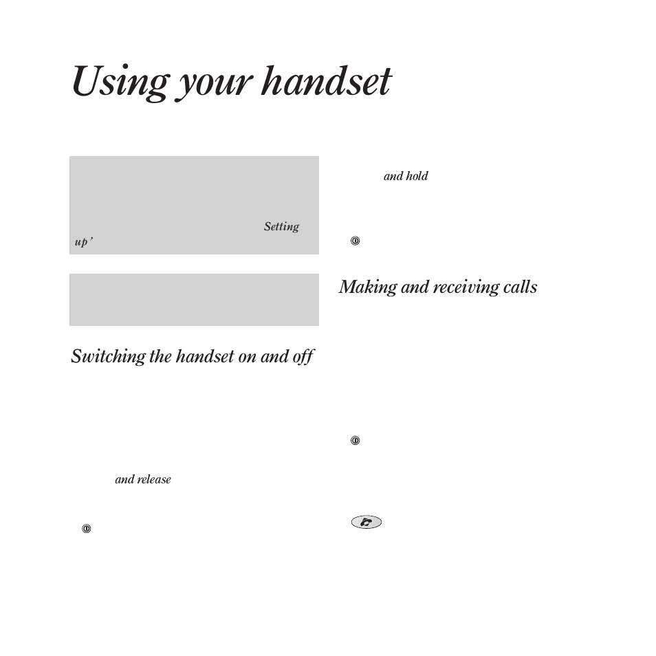 Using your handset, Switching the handset on and off, Making and receiving calls | BT DECTfax Fax machine and digital telephone system User Manual | Page 28 / 48