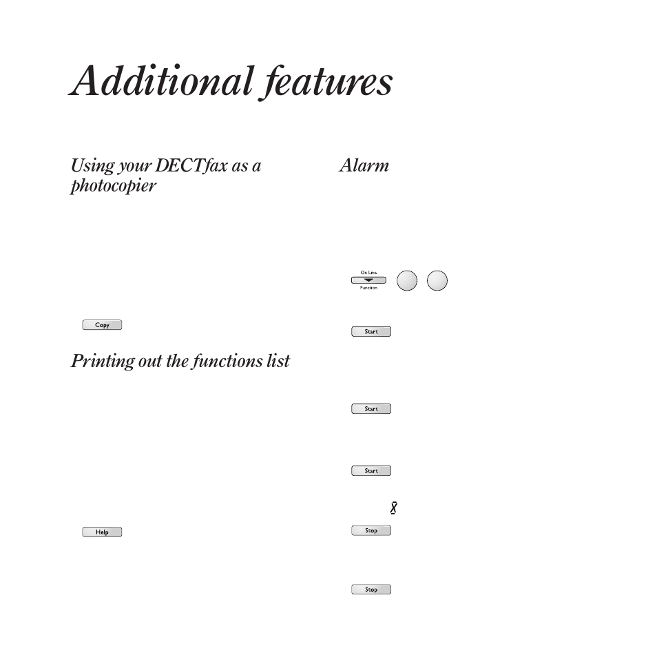Additional features, Using your dectfax as a photocopier, Printing out the functions list | Alarm | BT DECTfax Fax machine and digital telephone system User Manual | Page 38 / 48