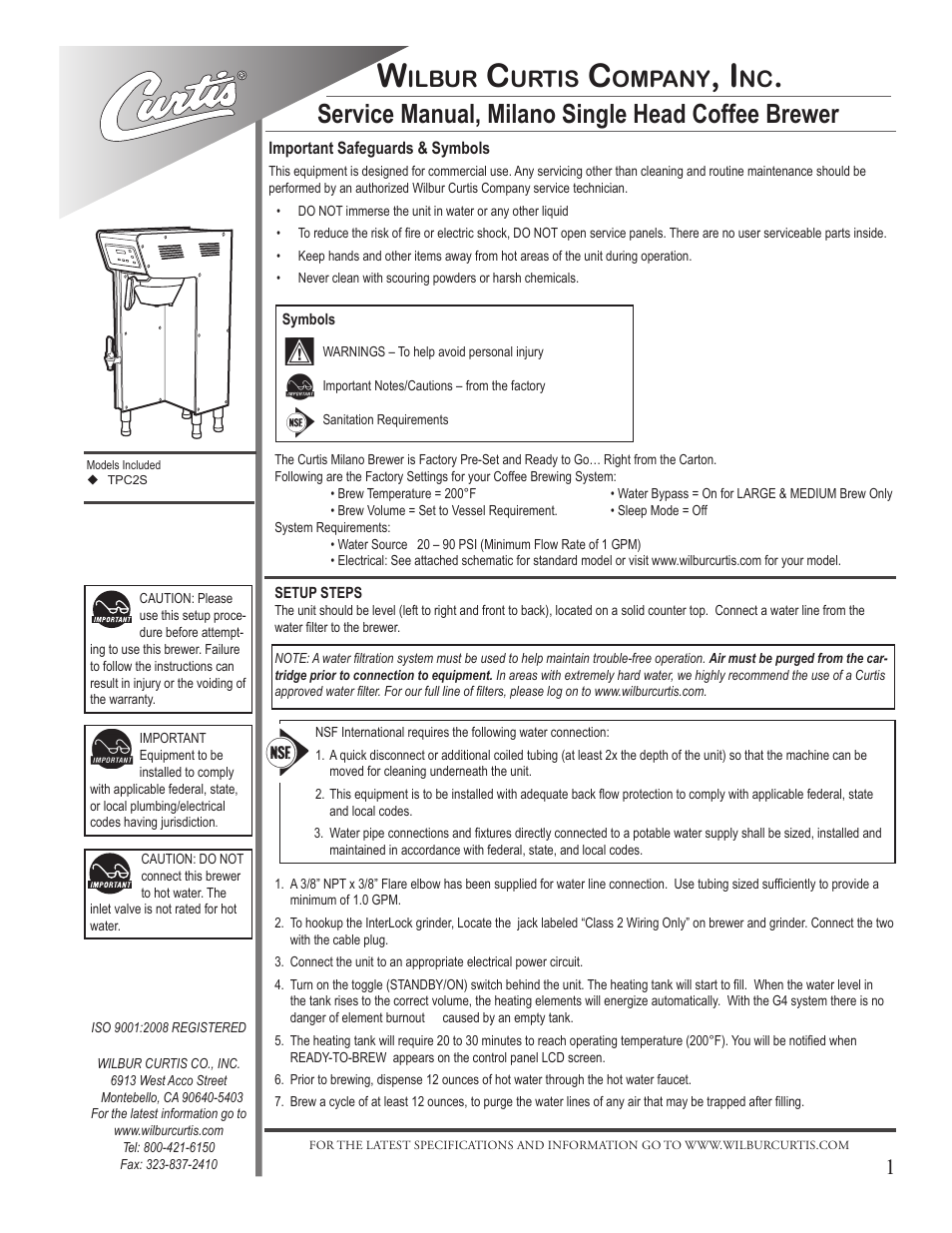 Wilbur Curtis TPC2S User Manual | 10 pages