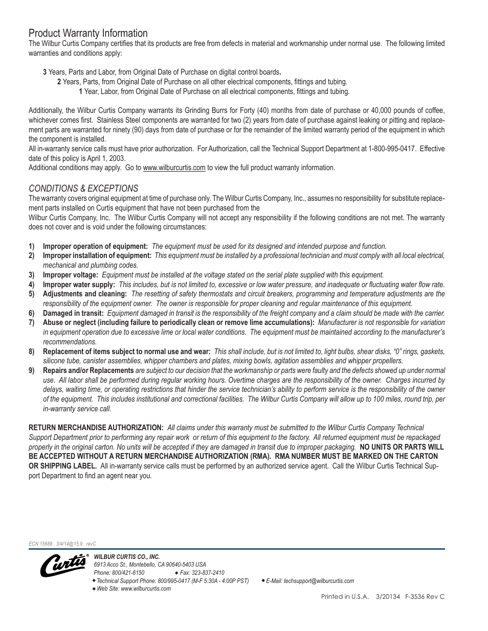 Product warranty information, Conditions & exceptions | Wilbur Curtis TPC2S User Manual | Page 10 / 10