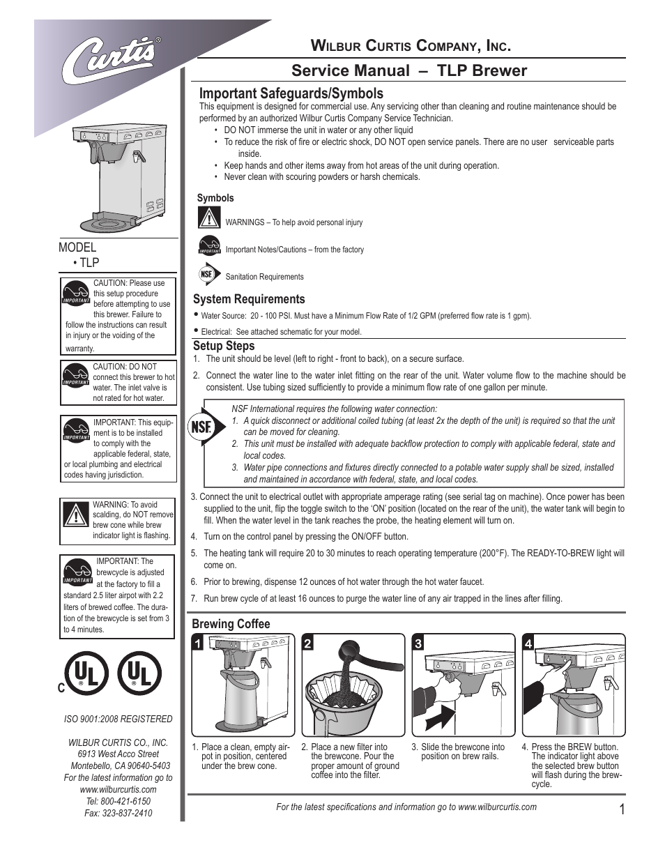 Wilbur Curtis TLP User Manual | 8 pages
